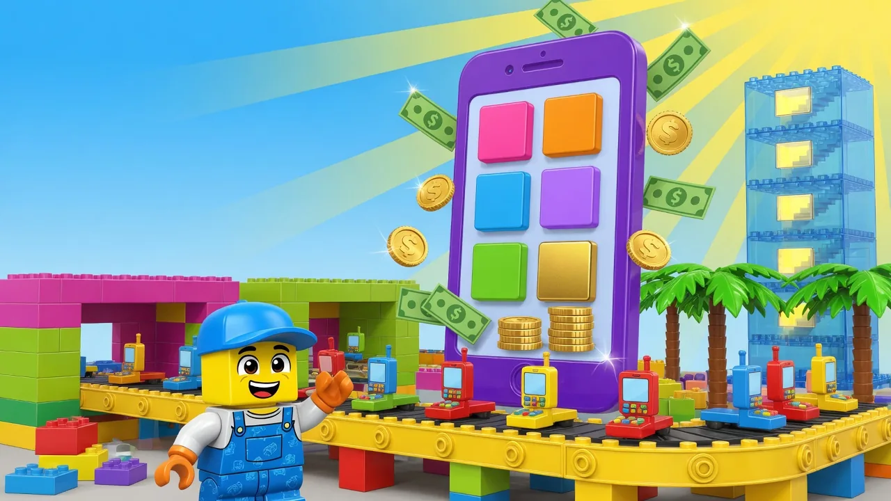 Illustrated phone factory with a large smartphone, coins, and a conveyor of devices